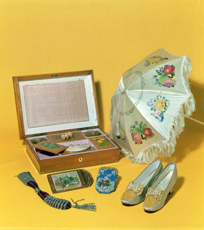Victorian carriage parasol, bead bag, cardcase and shoes by English School